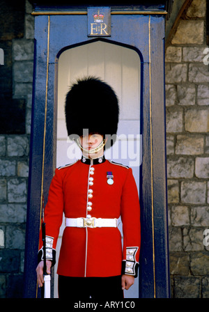 Un Guardsman in una garitta al di fuori del Castello di Windsor in Inghilterra Berkshire Foto Stock