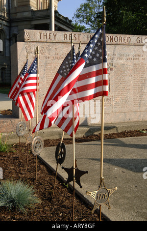 Bandierine americane la linea del bordo del memoriale di guerra in Sidney Ohio il Memorial Day Foto Stock