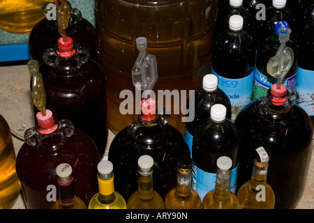 Home brew cantina con fermentazione damigiane contenenti il vino e la birra Foto Stock