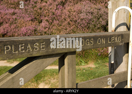 Primo piano del cartello "Keep dog dog on lead" sul cancello della fattoria in legno del North York Moors National Park North Yorkshire Inghilterra Regno Unito Foto Stock