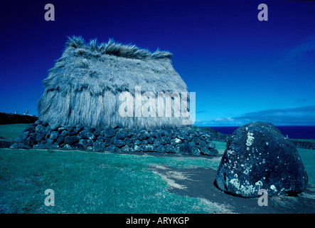 Mookini heiau (tempio) e capanna con il tetto di paglia. North Kohala, Big Island Foto Stock