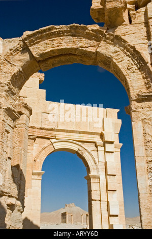 Triumphal arco monumentale tra le rovine di antiche Tadmor, Palmyra, Siria centrale, Medio Oriente. DSC 5951 Foto Stock