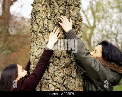 Madre e figlia di raggiungere fino tronco di albero Foto Stock