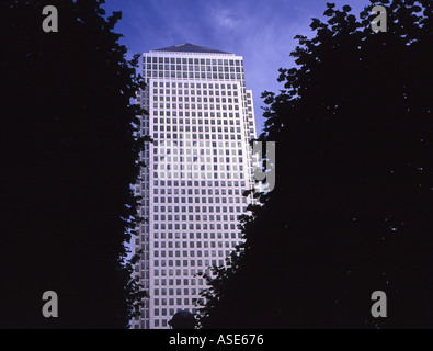 1 Canada Water Tower attraverso gli alberi in Londons Canary Wharf Foto Stock