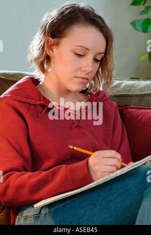 18 anni ragazza adolescente iscritto in un notebook sul lettino. Forse lei sta lavorando sui compiti per la scuola o l'università Foto Stock