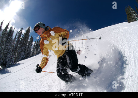 Una donna sciatore esegue il rip attraverso polvere profonda su un ripido pendio in un pomeriggio soleggiato neer telluride colorado Foto Stock