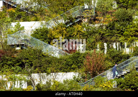 ACROS di Fukuoka edificio dispone di architettura drammatica con paesaggi terrazzati giù lato dell'edificio Foto Stock