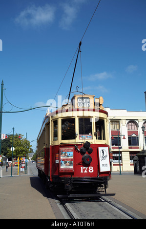 Viaggiare sul Tram storico permette di visitare le principali attrazioni della città di Christchurch, South Island, in Nuova Zelanda Foto Stock