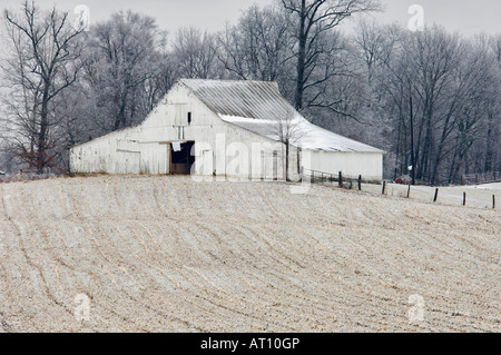 White Barn e raccolto il campo di mais ricoperta di neve Washington County Indiana Foto Stock