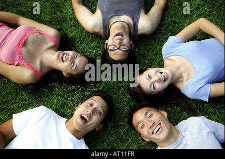 Gruppo di amici che stabilisce in erba Foto Stock