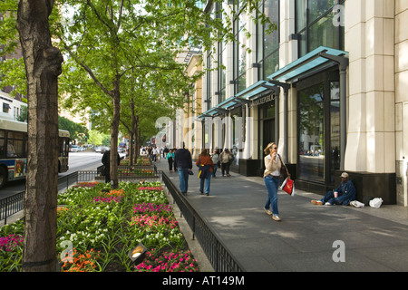 ILLINOIS Chicago acquirenti e la gente di affari a piedi verso il basso il Michigan Avenue marciapiede passato uomo molla di accattonaggio fiori e alberi Foto Stock
