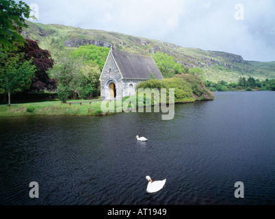 Entroterra irlandese il pittoresco lago con il celebre Oratorio religiosa e cigni Foto Stock