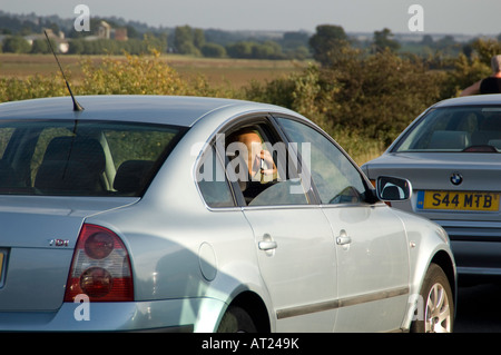 Telefono mobile di essere utilizzati in un veicolo mentre ritardata in un ingorgo sull'autostrade del Regno Unito. Foto Stock