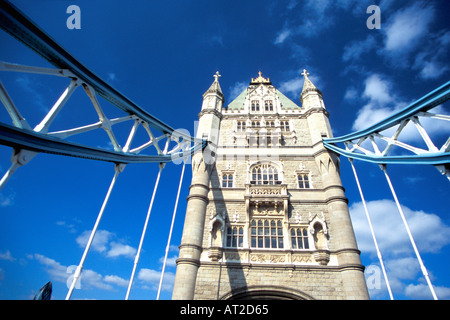 Tower Bridge with blue sky and white clouds London England UK United Kingdom GB Great Britain British Isles Europe Foto Stock
