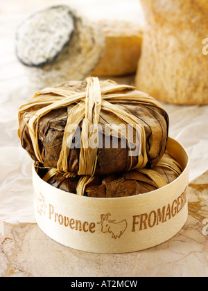Francese morbido Bannon formaggio di capra dalla Provenza in foglie in un negozio di formaggi impostazione. Foto Stock