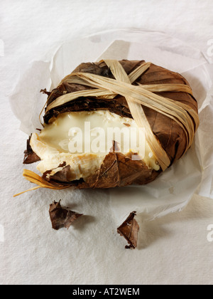 Francese morbido Bannon formaggio di capra dalla Provenza in foglie contro uno sfondo bianco Foto Stock
