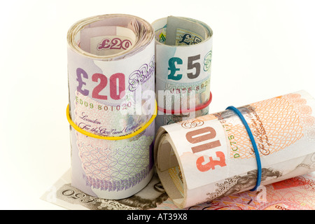 Rotoli di British UK banconote su una £50 Foto Stock