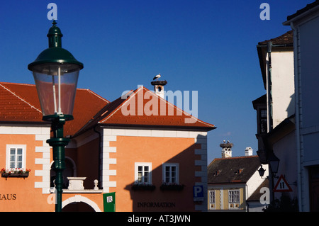 Cicogna bianca Ciconia ciconia adulti sul nido sui tetti della città di ruggine ruggine Parco Nazionale del lago di Neusiedl Burgenland Austria Aprile 2007 Foto Stock