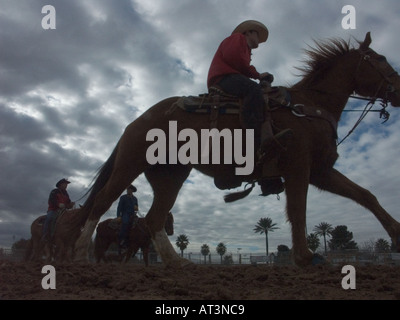 A Tucson Rodeo riders arrivare preparati per il concorso di riscaldare i loro cavalli in Tucson in Arizona Foto Stock