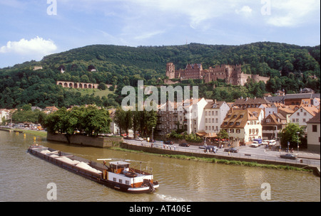 Vista della città di Heidelberg e il castello con il fiume Neckar in primo piano Foto Stock