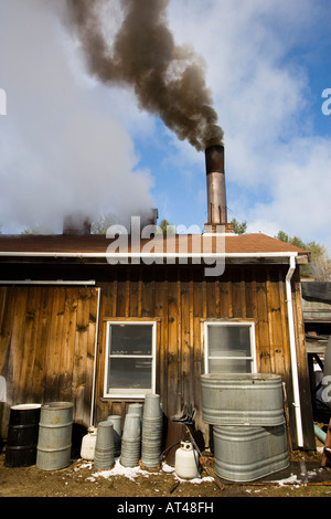 Il legno di fumo e vapori si riversa il nostro di zucchero a casa di Barrington, New Hampshire. Lo zucchero Shack. Foto Stock