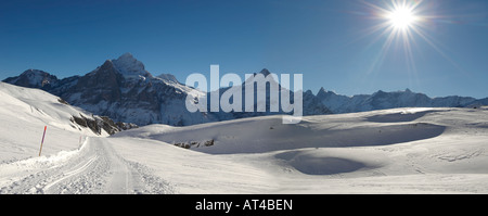 Lo slittino e piste per slittino da Grindelwald prima a Bort con da sinistra il Schreckhorn e le montagne Eiger Foto Stock