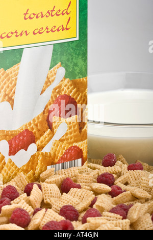 La scatola di cereali quadrati di mais e lamponi di frutta con ciotola di latte dall'alto immagini da vicino immagini foto formato verticale negli Stati Uniti ad alta risoluzione Foto Stock