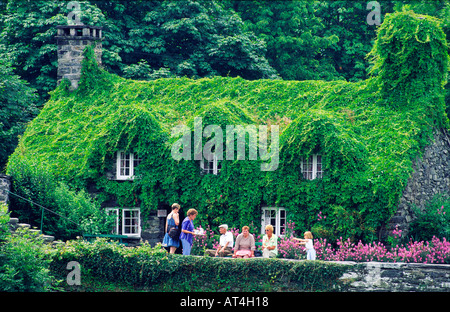 Coperto di edera casa cottage sala da tè noto come Ty Hwnt i'r Bont sul fiume Conwy vicino a Llanrwst in Snowdonia, Gwynedd, il Galles del nord Foto Stock