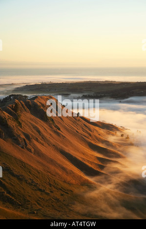 Vista di Te Mata Peak e Early Morning Mist Hawkes Bay Isola del nord della Nuova Zelanda Foto Stock