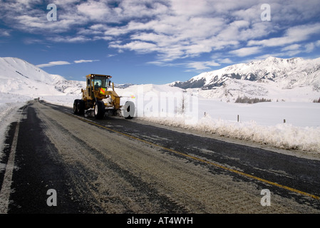 Una livellatrice cancella la neve dalla strada dopo una nevicata nel paese di high di Canterbury, Nuova Zelanda Foto Stock