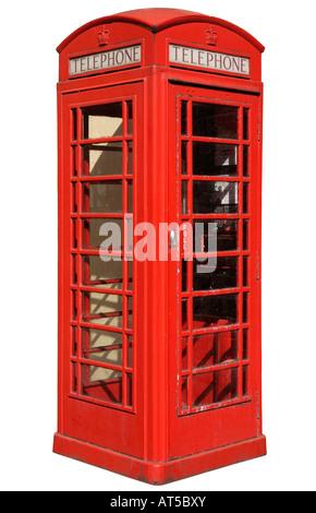 Un rosso classico British telefono box, isolato su uno sfondo bianco. Foto Stock