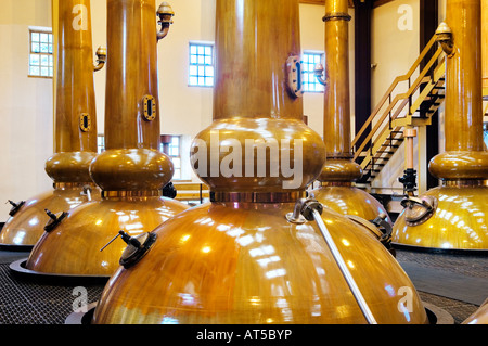 Lo Scotch Whisky. Glenmorangie Distillery a Tain, Easter Ross. Pentola di Rame alambicchi in camera ancora. Regione delle Highlands, Scozia Foto Stock