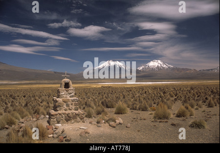 Cairn di pietra in altiplano, l'erba di ichu (Jarava ichu) e vulcani Payachatas, Parco Nazionale Sajama, Bolivia Foto Stock