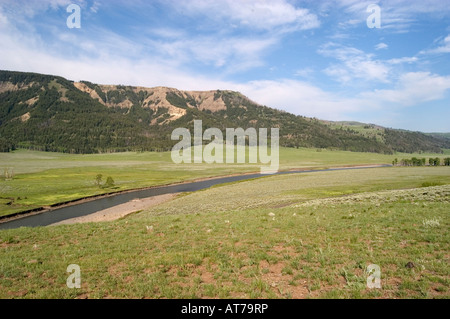 Un fiume si snoda attraverso la valle di Lamar nel Parco Nazionale di Yellowstone, WY. Foto Stock