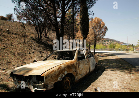 Grecia quattro settimane dopo la incendi. Auto bruciata Foto Stock