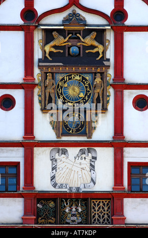 Timpano rinascimentale orologio artistico sun dial il municipio vecchio Plauen Vogtland Sassonia Germania Foto Stock