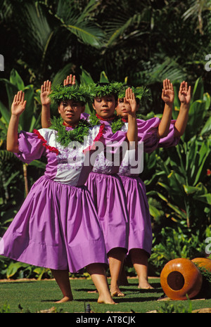 Una linea femminile di hula ballerini indossano vestiti tradizionali di danza con palme sollevata al Lanikuhonua su Oahu il lato sottovento. Foto Stock