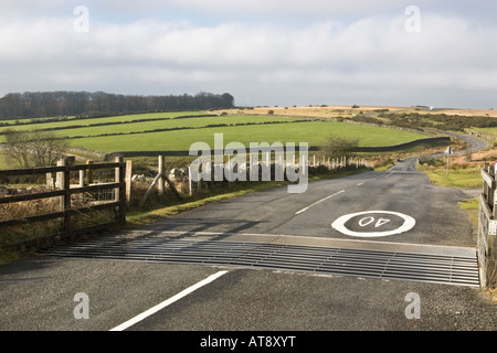 Una griglia di bestiame con quaranta miglia per ora segno di avvertimento su una strada di Dartmoor Foto Stock