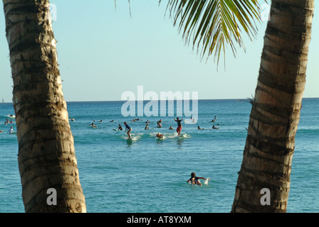 La spiaggia di Waikiki con molti surfisti cavalcare onde piccole nel vicino al litorale Foto Stock