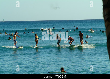 La spiaggia di Waikiki con molti surfisti cavalcare onde piccole nel vicino al litorale Foto Stock