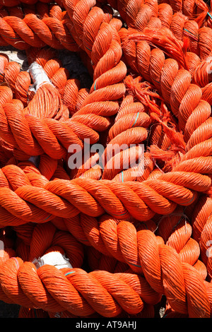 La sezione di spessore corda arancione giacente in ammassato i loop con nastro adesivo attorno alle estremità della corda. Close up. Foto Stock