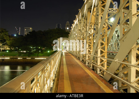 Illuminata luminosamente Cavenagh Bridge accanto al Fullerton Hotel nella parte interna della città di Sinagpore, Singapore, Singapore Foto Stock