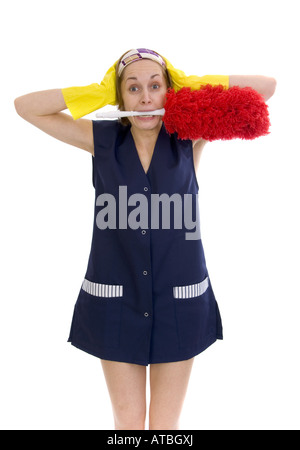 Charwoman nel panico, con piumino nella sua bocca Foto Stock