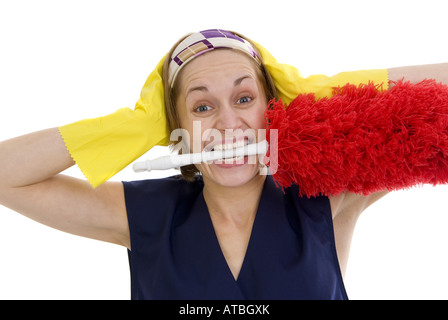 Charwoman nel panico, con piumino nella sua bocca Foto Stock