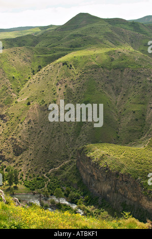 ARMENIA ad est di Yerevan vista del fiume Azat dal Tempio di Garni terreno collinare un fiume che scorre attraverso la valle ripidi pendii erbosi Foto Stock