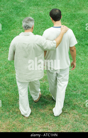 Padre e figlio adulto camminare insieme all'aperto, posteriore ad alto angolo di visione Foto Stock