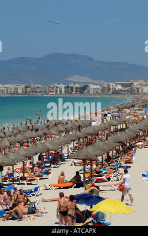 Spiaggia piena di turisti, Maiorca, SPAGNA Foto Stock