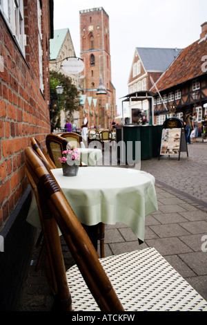 Ribe, Jutland, Danimarca. Area per passeggiate con i pub sulla strada Foto Stock