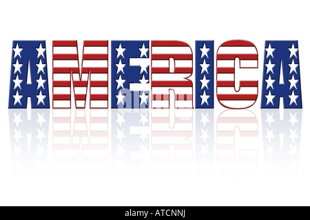 America parola con sovrapposto bandiera americana star e motivo a strisce Foto Stock