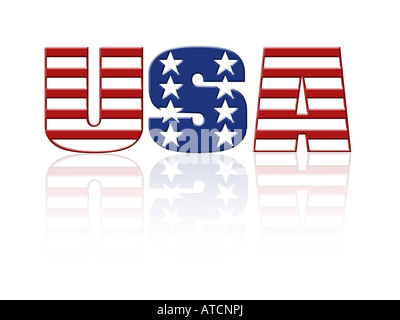 USA la parola con sovrapposto bandiera americana star e motivo a strisce Foto Stock